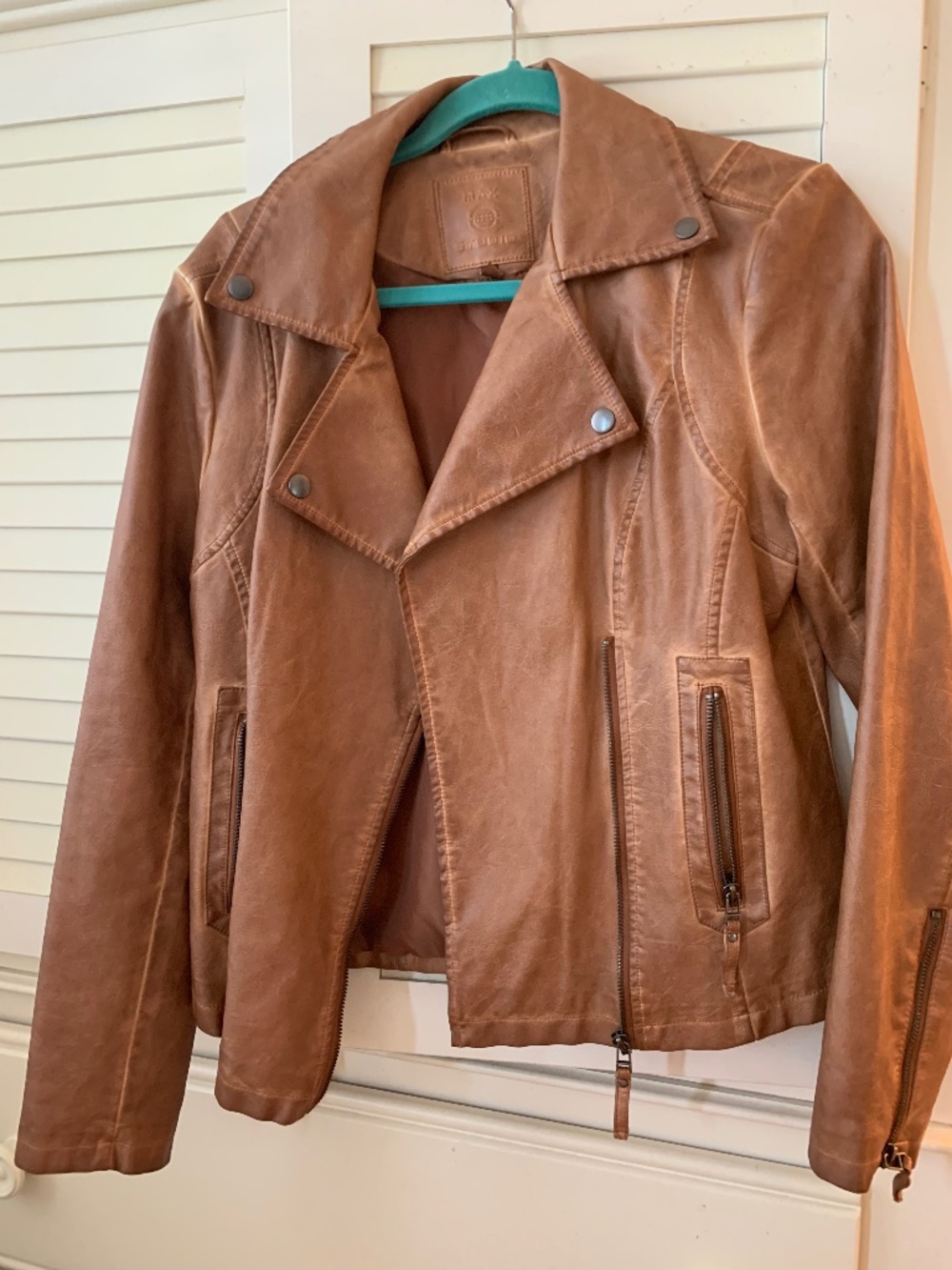 MAX STUDIO BROWN FAUX LEATHER MOTO JACKET WOMENS, Sz M